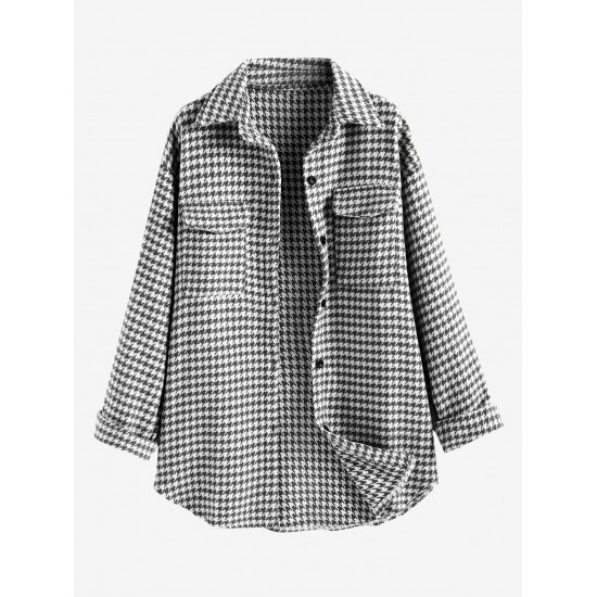 Women's Houndstooth Print Turn Down Collar Pocket Design Boyfriend Shacket Winter Woolen Shirt