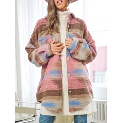 Women's Daily Ethnic Style Geo Tribal Aztec Printed Wool Blend Front Pockets Western Shirt Jacket Shacket