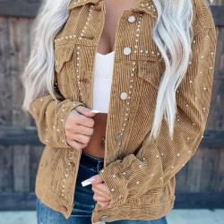 Women's Streetwear Rivet Design Corduroy Solid Color Shacket Jacket