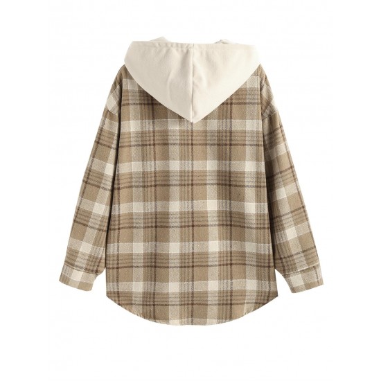 Women's Daily Plaid Loose Detachable Hooded Cargo Pockets Wool Blend Shirt Jacket Shacket