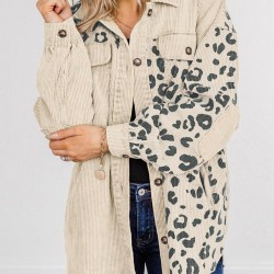 Women's Animal Leopard Corduroy Flap Detail Single Breasted Tunic Long Shirt Jacket Shacket