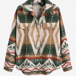 Women's Long Sleeve Ethnic Style Aztec Geo Tribal Printed Flap Detail Button Up Wool Blend Shirt Jacket Shacket