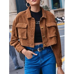 Women's Single Breasted Flap Pockets Corduroy Crop Shirt Jacket Shacket