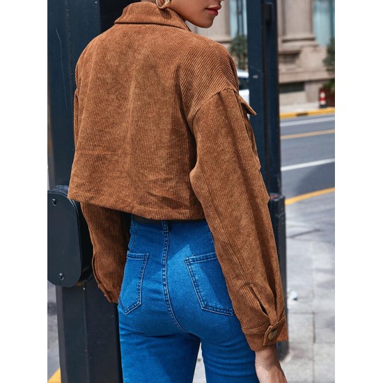 Women's Single Breasted Flap Pockets Corduroy Crop Shirt Jacket Shacket