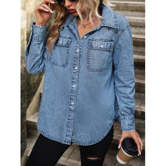 Women's Streetwear Acid Wash Pocket Button Up Curved Hem Long Sleeve Denim Shacket