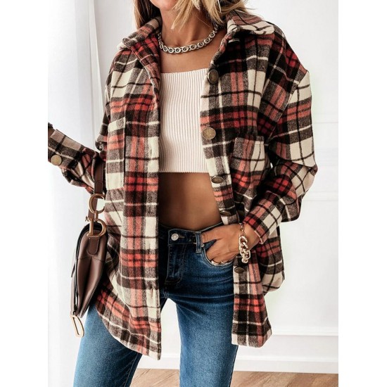 Women's Daily Vintage Style Plaid Front Pockets Wool Blend Shirt Jacket Shacket