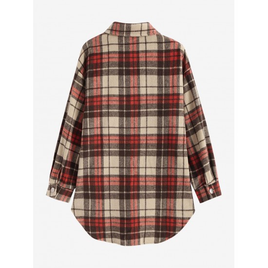 Women's Daily Vintage Style Plaid Front Pockets Wool Blend Shirt Jacket Shacket