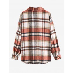 Women's Plaid Wool Blend Pocket Drop Shoulder Button Up Turn Down Collar Shacket