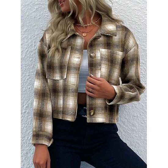 Women's Turn Down Collar Pocket Design Plaid Print Single-breasted Woolen Crop Jacket