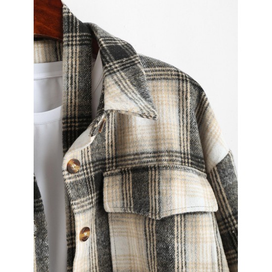 Women's Wool Blend Drop Shoulder Plaid Belted Button Up Pocket Longline Shacket