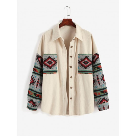 Women's Ethnic Aztec Printed Corduroy Shacket Long Sleeve Retro Spliced Jacket