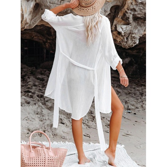 Women's Beach Vacation Bikini Cover Ups Striped Semi-sheer Button Up Raglan Long Roll Tab Sleeve Slit Side Belted Mini Shirt Dress