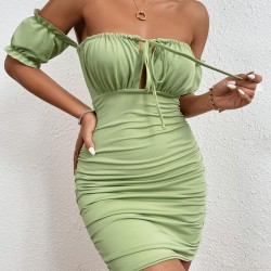 Solid Color Off The Shoulder Cinched Dress