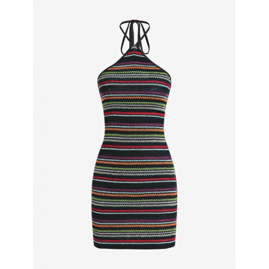 Open Back Halter Colorful Stripes Knit Slinky Mini Dress