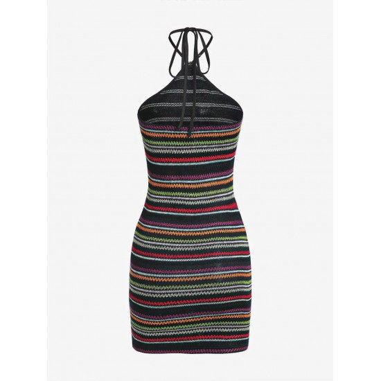 Open Back Halter Colorful Stripes Knit Slinky Mini Dress