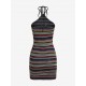 Open Back Halter Colorful Stripes Knit Slinky Mini Dress