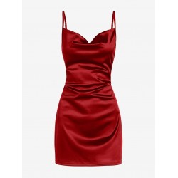 Women's Satin Sleeveless Spaghetti Strap Side Slit Cowl Neck Cocktail Party Mini Slip Vegas Dress