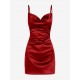 Women's Satin Sleeveless Spaghetti Strap Side Slit Cowl Neck Cocktail Party Mini Slip Vegas Dress