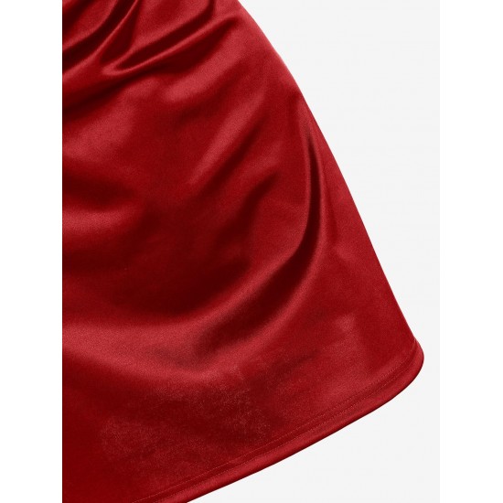 Women's Satin Sleeveless Spaghetti Strap Side Slit Cowl Neck Cocktail Party Mini Slip Vegas Dress