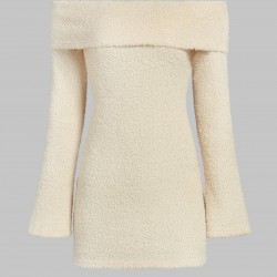 Women's Sexy Party Fuzzy Knitted Foldover Off Shoulder Solid Color Long Sleeve Mini Bodycon Dress