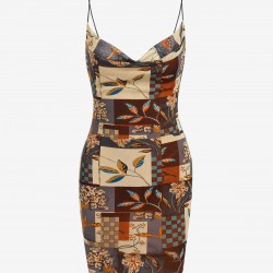 Patchwork Print Cowl Front Bungee Strap Bodycon Dress