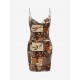 Patchwork Print Cowl Front Bungee Strap Bodycon Dress