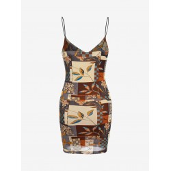 Patchwork Print Cowl Front Bungee Strap Bodycon Dress