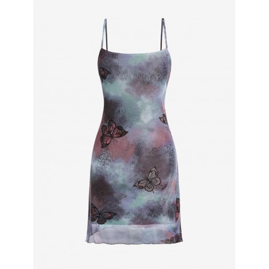 Mesh Tie Dye Butterfly Print Cami Dress