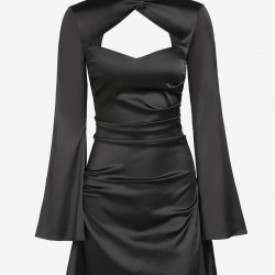 Women's Sexy Party Satin Mock Neck Cut Out Long Flare Sleeve Solid Color Ruched Mini Slinky Dress