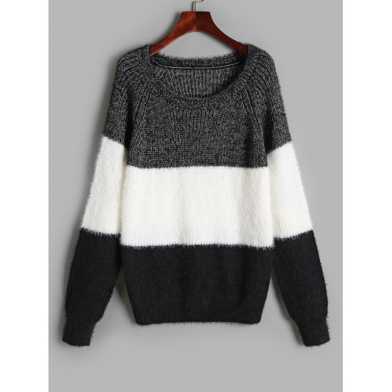 Colorblock Fuzzy Raglan Sleeve Jumper Sweater