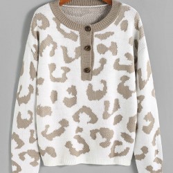 Leopard Drop Shoulder Half Button Jumper Sweater