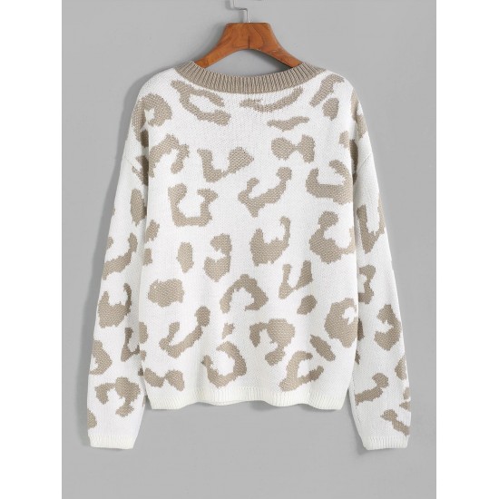 Leopard Drop Shoulder Half Button Jumper Sweater