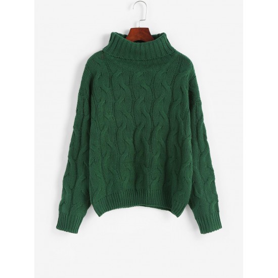 Turtleneck Drop Shoulder Cable Knit Jumper Sweater