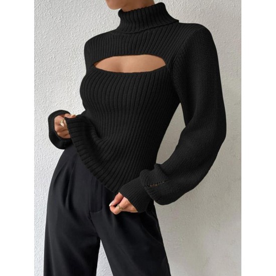 Women's Turtleneck Cut Out Lantern Sleeves Solid Color Chunky Pullover Sweater