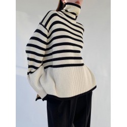 Women's Striped High Collar Drop Shoulder Wide Sleeve Slit Side Oversized Pullover Jumper Sweater