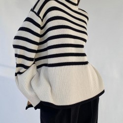 Women's Striped High Collar Drop Shoulder Wide Sleeve Slit Side Oversized Pullover Jumper Sweater