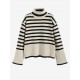 Women's Striped High Collar Drop Shoulder Wide Sleeve Slit Side Oversized Pullover Jumper Sweater