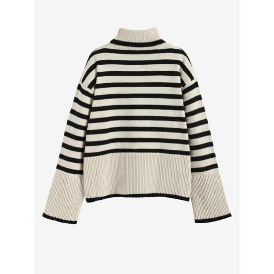 Women's Striped High Collar Drop Shoulder Wide Sleeve Slit Side Oversized Pullover Jumper Sweater