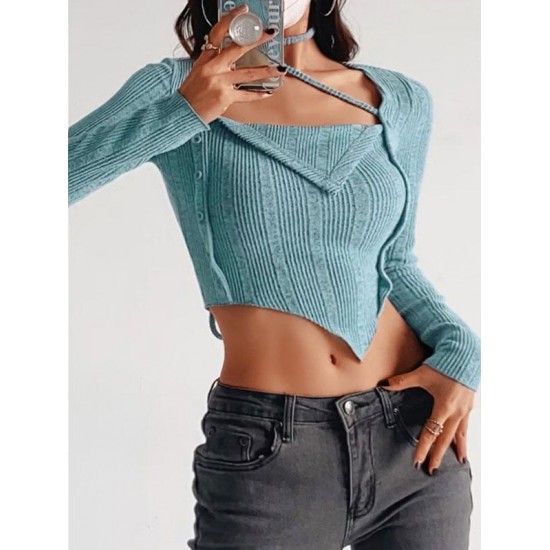 Choker Design Fuzzy Ribbed Asymmetrical Knitwear