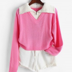 Quarter Zip Colorblock Cropped Sweater