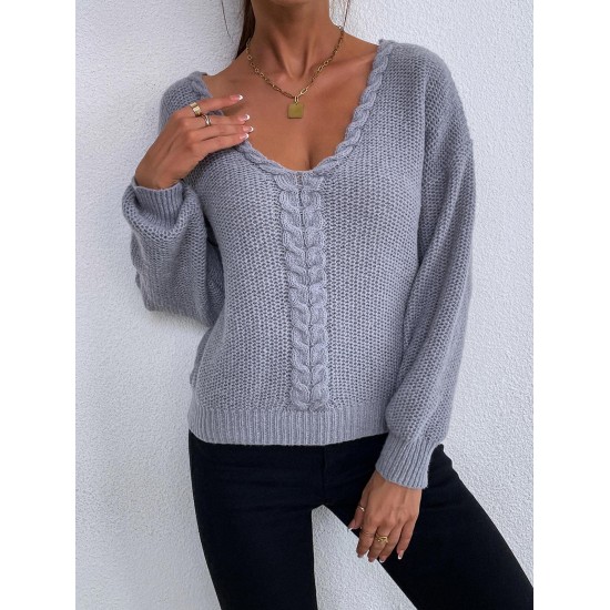 V Neck Lattice Back Cable Knit Sweater