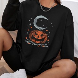 Halloween Pumpkin Moon Print Pullover Sweatshirt