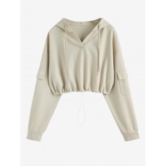 Women's Casual V Neck Pocket Design Drop Shoulder Solid Color Toggle Drawstring Cropped Hoodie