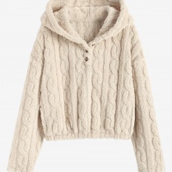 Women's Fluffy Fuzzy Faux Fur Cable Jacquard Textured Half Button Short Pullover Daily Casual Hoodie