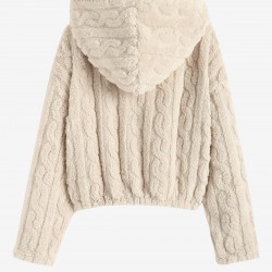 Women's Fluffy Fuzzy Faux Fur Cable Jacquard Textured Half Button Short Pullover Daily Casual Hoodie