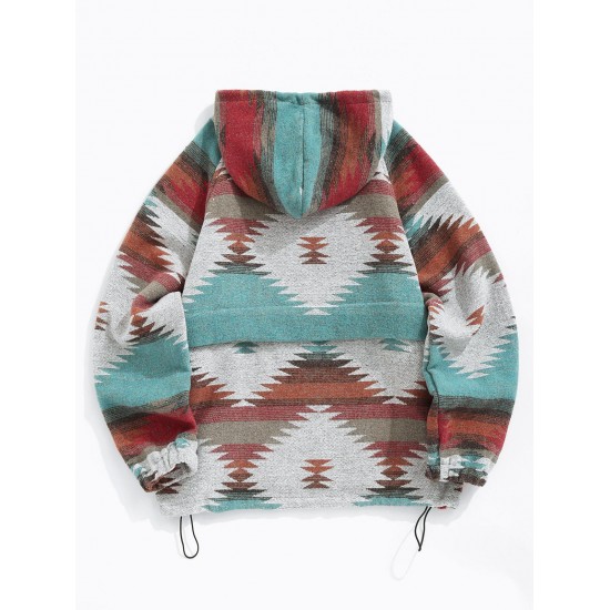 Women's Vintage Western Ethnic Aztec Geometric Print Quarter Zip Raglan Sleeves Woolen Hooded Sweatshirt