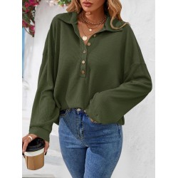 Women's Casual Solid Color Textured Half Buttoned Collared Long Sleeve Loose Drop Shoulder Sweatshirt