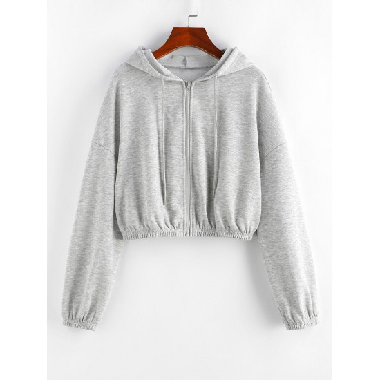 Drop Shoulder Zip Up Drawstring Hoodie