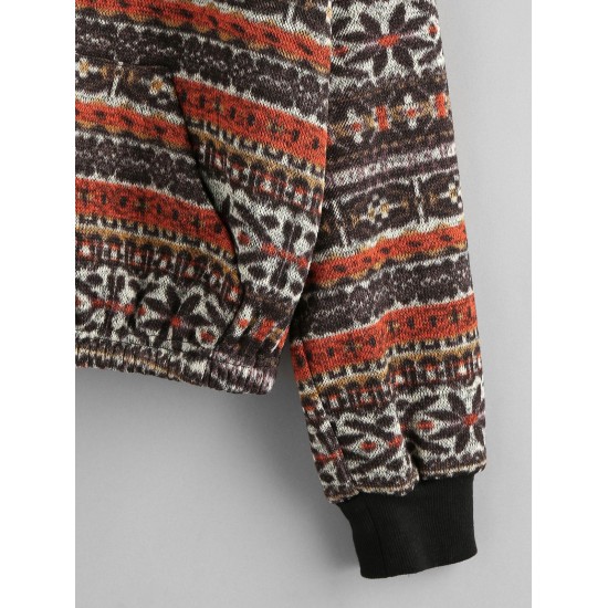 Tribal Ethnic Aztec Printed Faux Shearling Collar Quarter Zip Sweatshirt