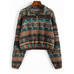 Ethnic Elephant Geo Print Drop Shoulder Quarter Zip Sweatshirt